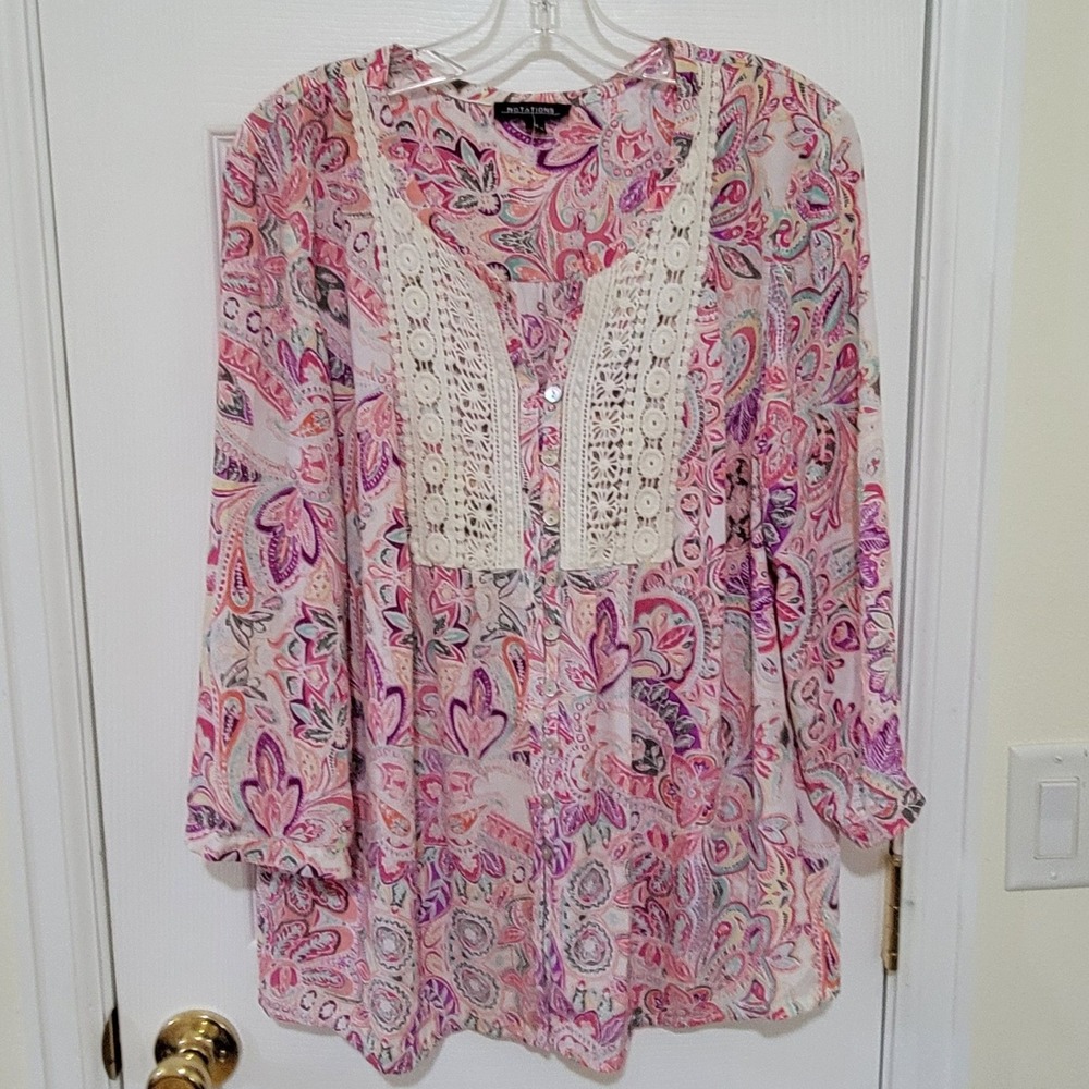 Notations Womens XL Pink Paisley Crochet Lace Bib Button Up Blouse Boho Peasant